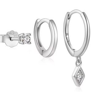 925 Sterling Silver Mini Hoop Earrings with CZ Charm (Single Piece)